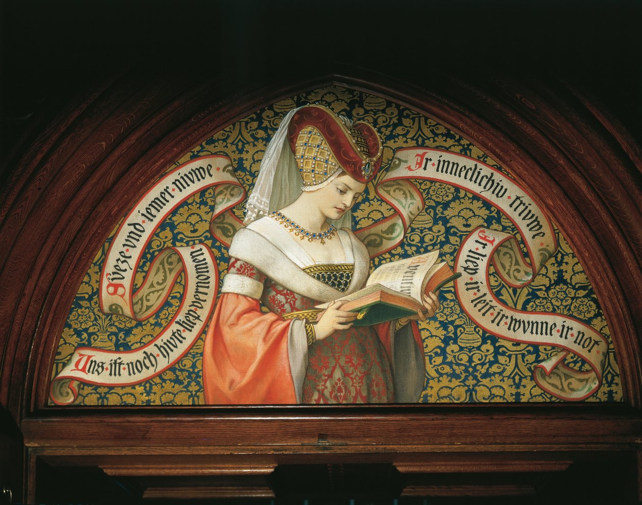 Dame læser "Tristan og Isolde" (vægmaleri) af German School
