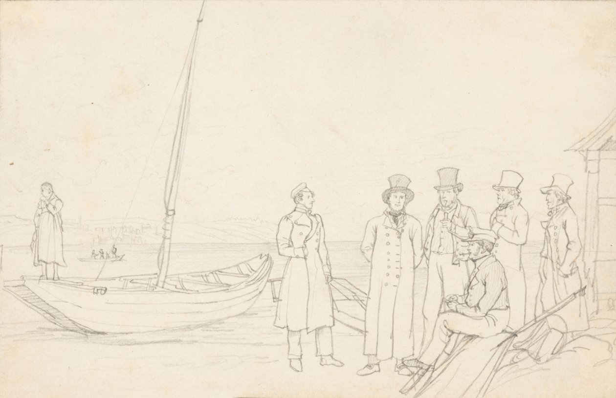 Lakeside scene med syv figurer af German School