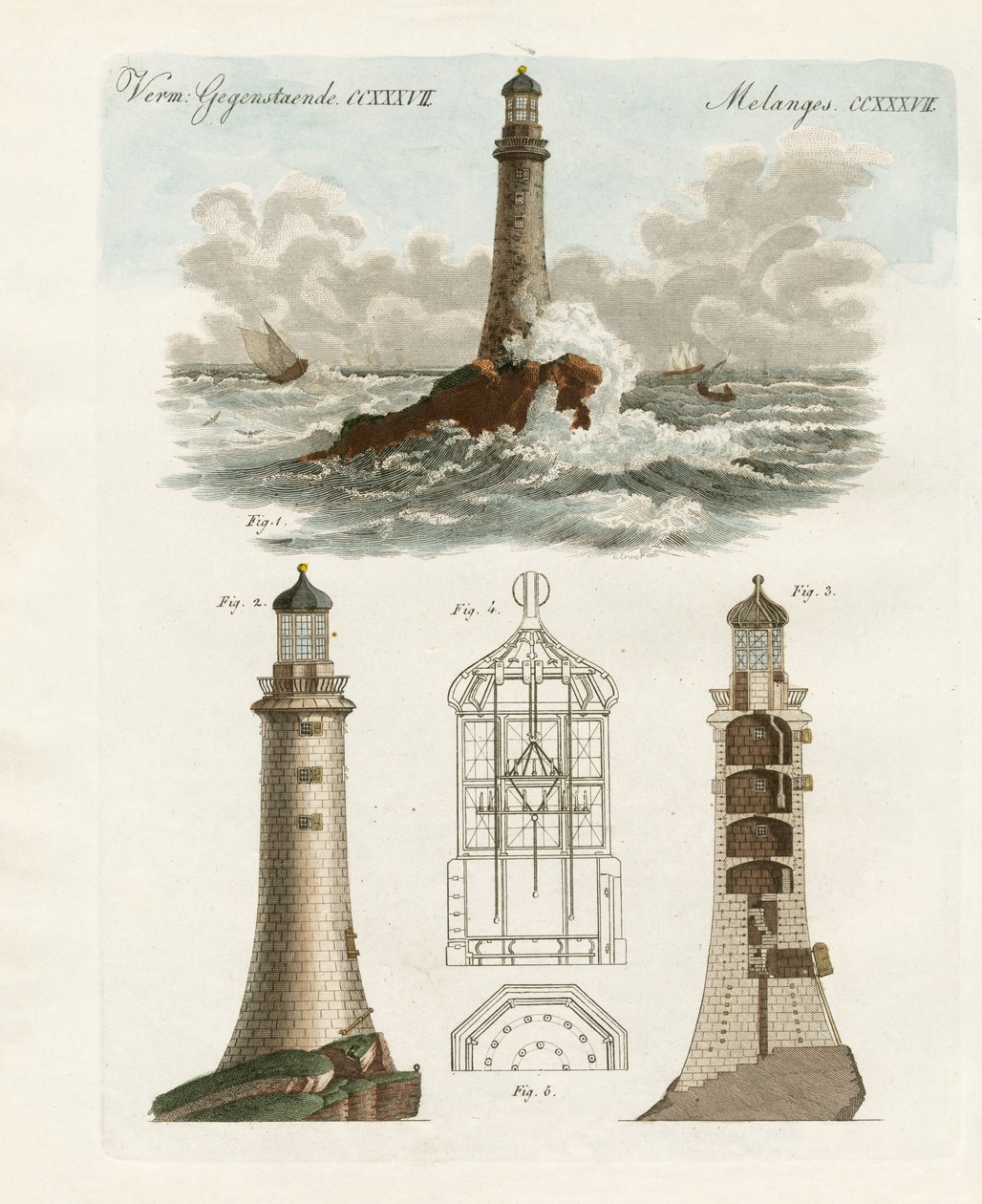 The Eddystone Lighthouse (farvet gravering) af German School