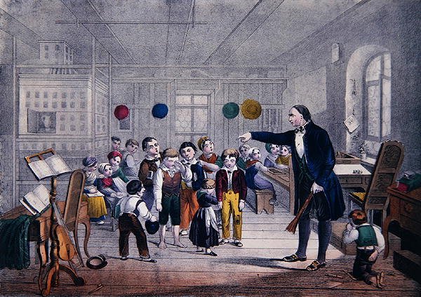 Landsbyens skolemester, ca. 1850 (farve litho) af German School