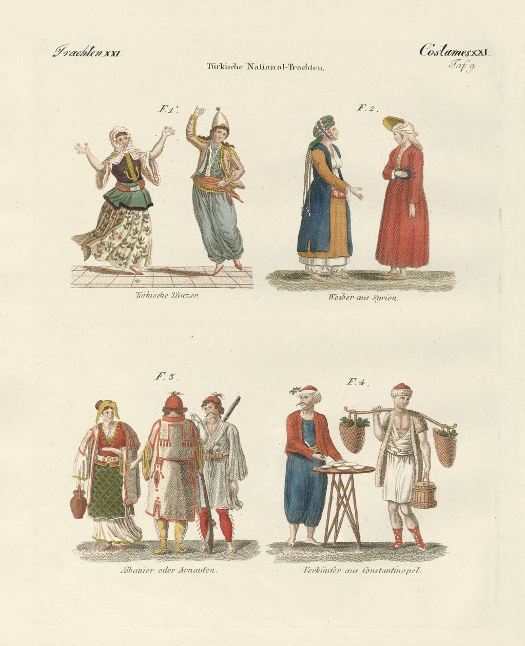 Tyrkiske nationaldragter (farvet gravering) af German School