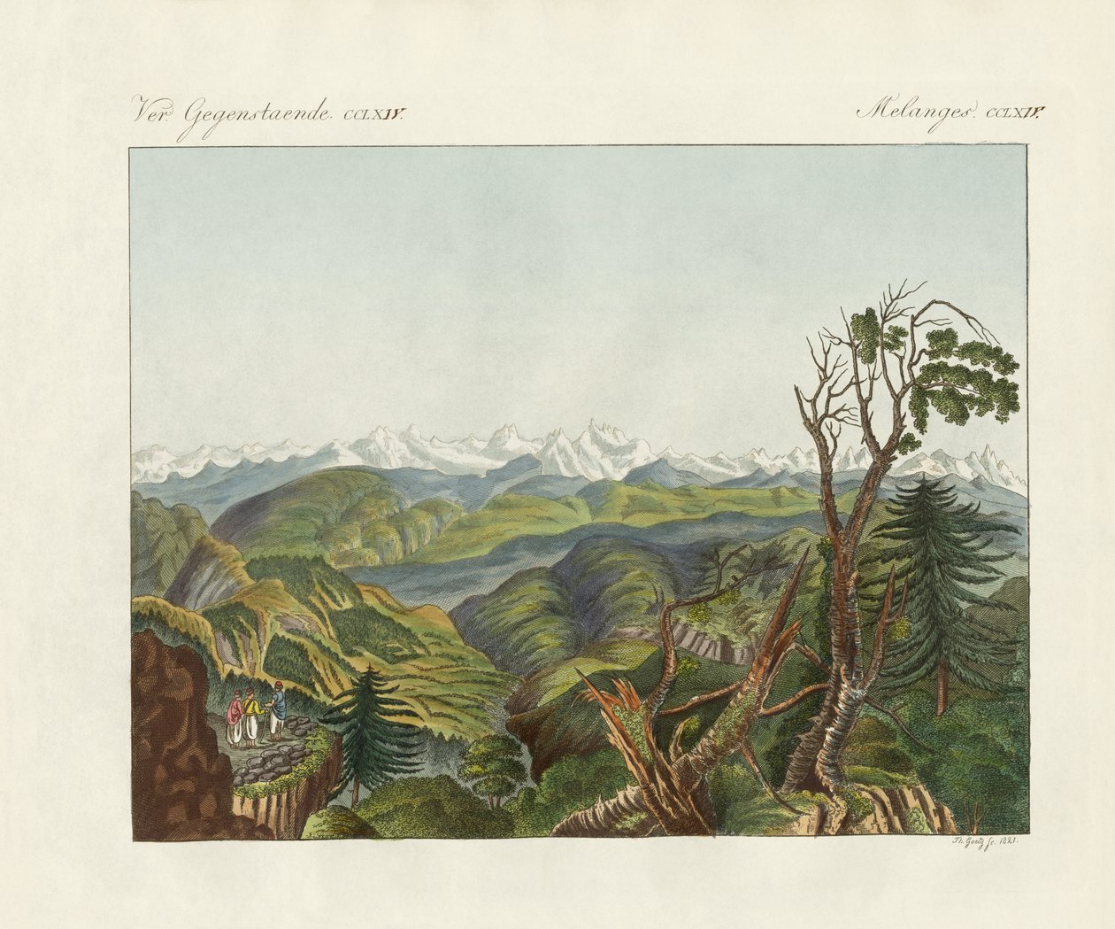 To udsigter over Himalaya (farvet gravering) af German School