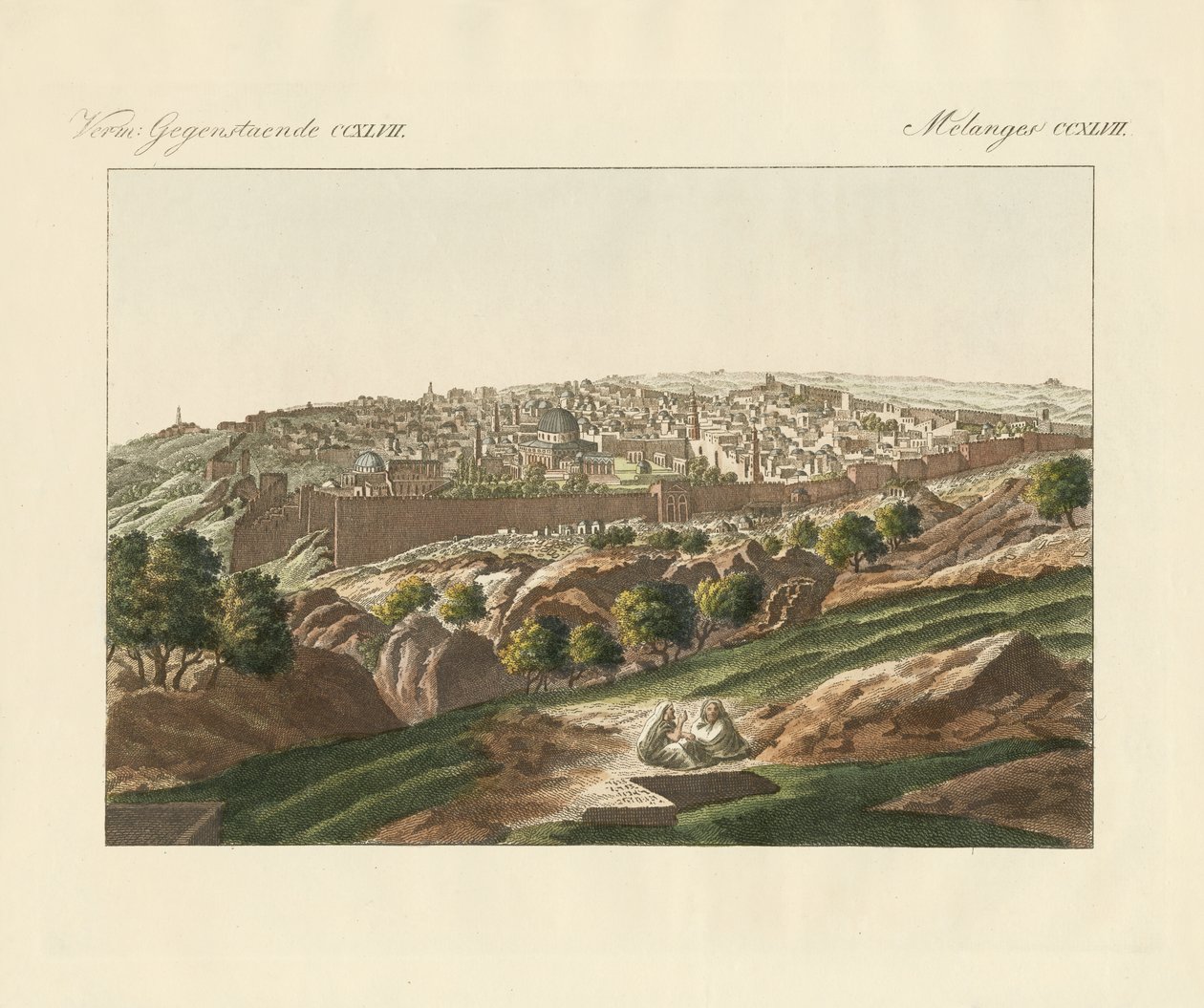 Udsigt over Jerusalem (farvet gravering) af German School