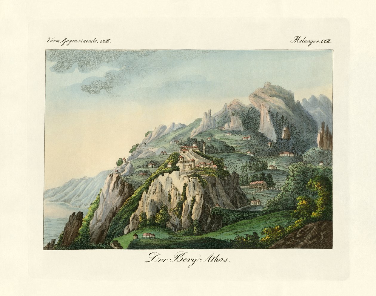 Udsigt over Athos-bjerget (farvet gravering) af German School