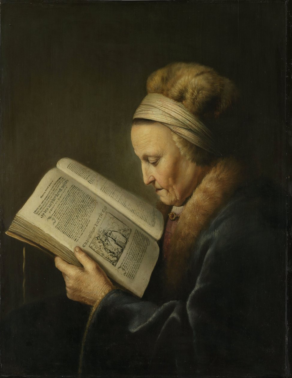 Portræt af en gammel kvinde, der læser af Gerrit Dou