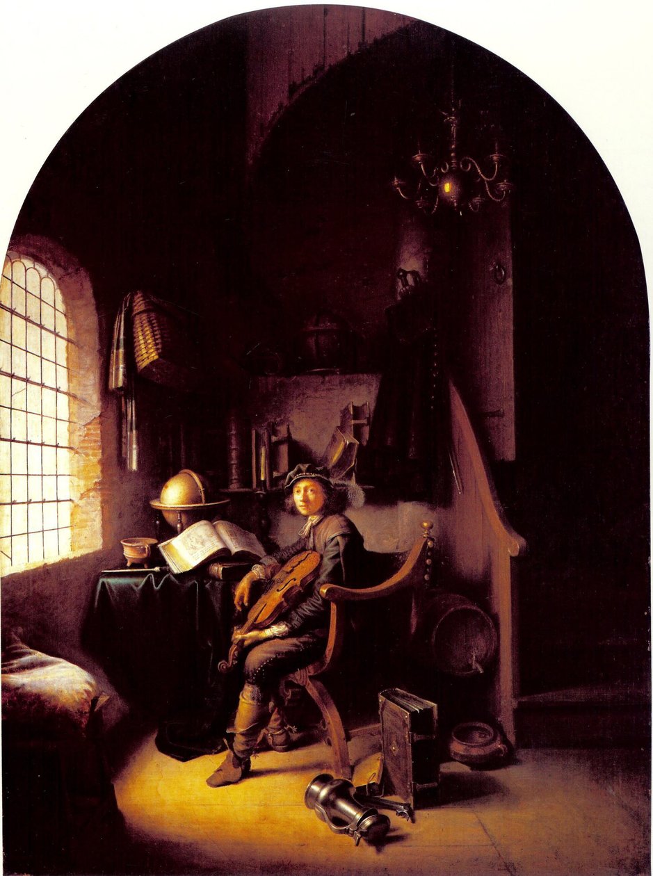 Ung violinist sidder i sit arbejdsværelse af Gerrit Dou