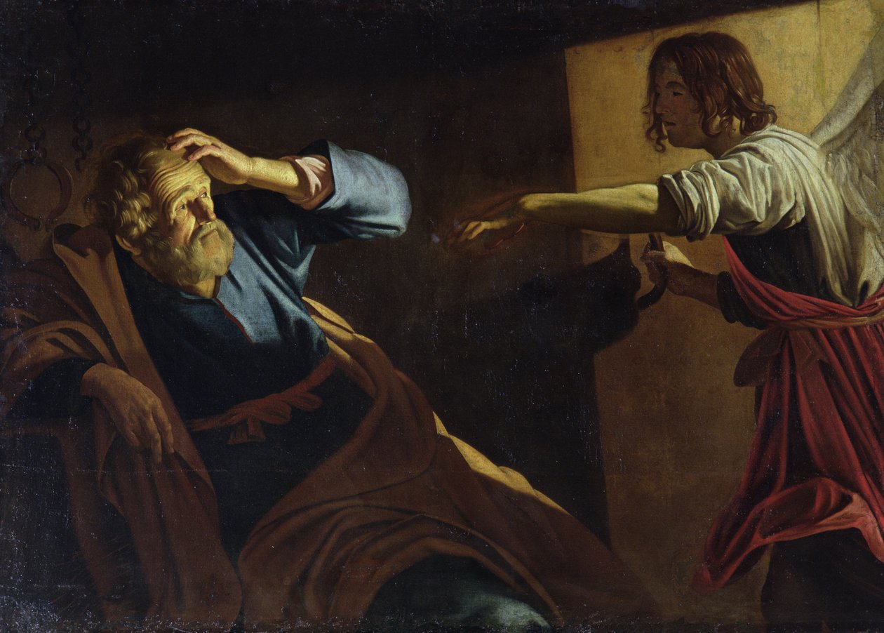 Sankt Peter løsladt fra fængslet af Gerrit van Honthorst