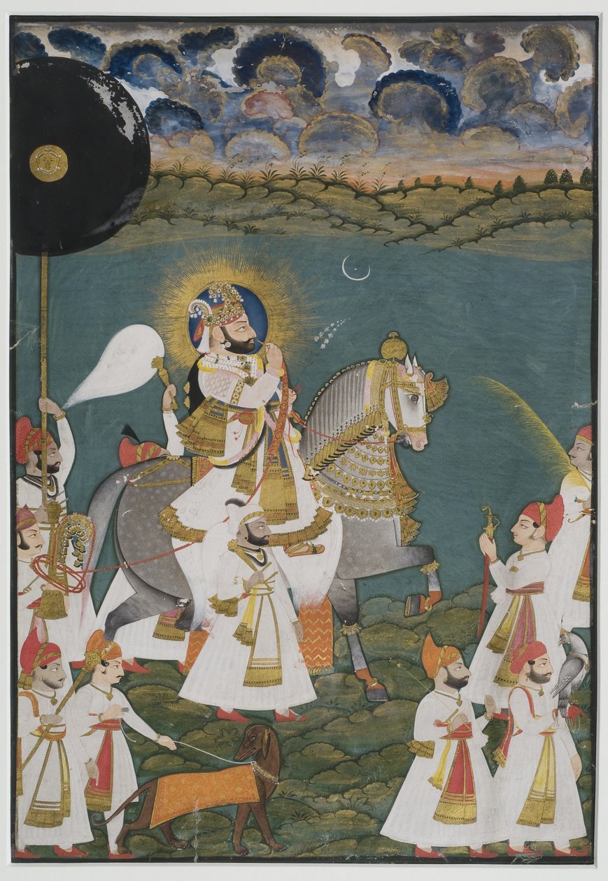 Portræt af Maharana Bhim Singh af Udaipur (1778-1828) på hesteryg ledsaget af ledsagere, 1820 (gouache på papir, rørt med guld) af Ghasi Ghasi