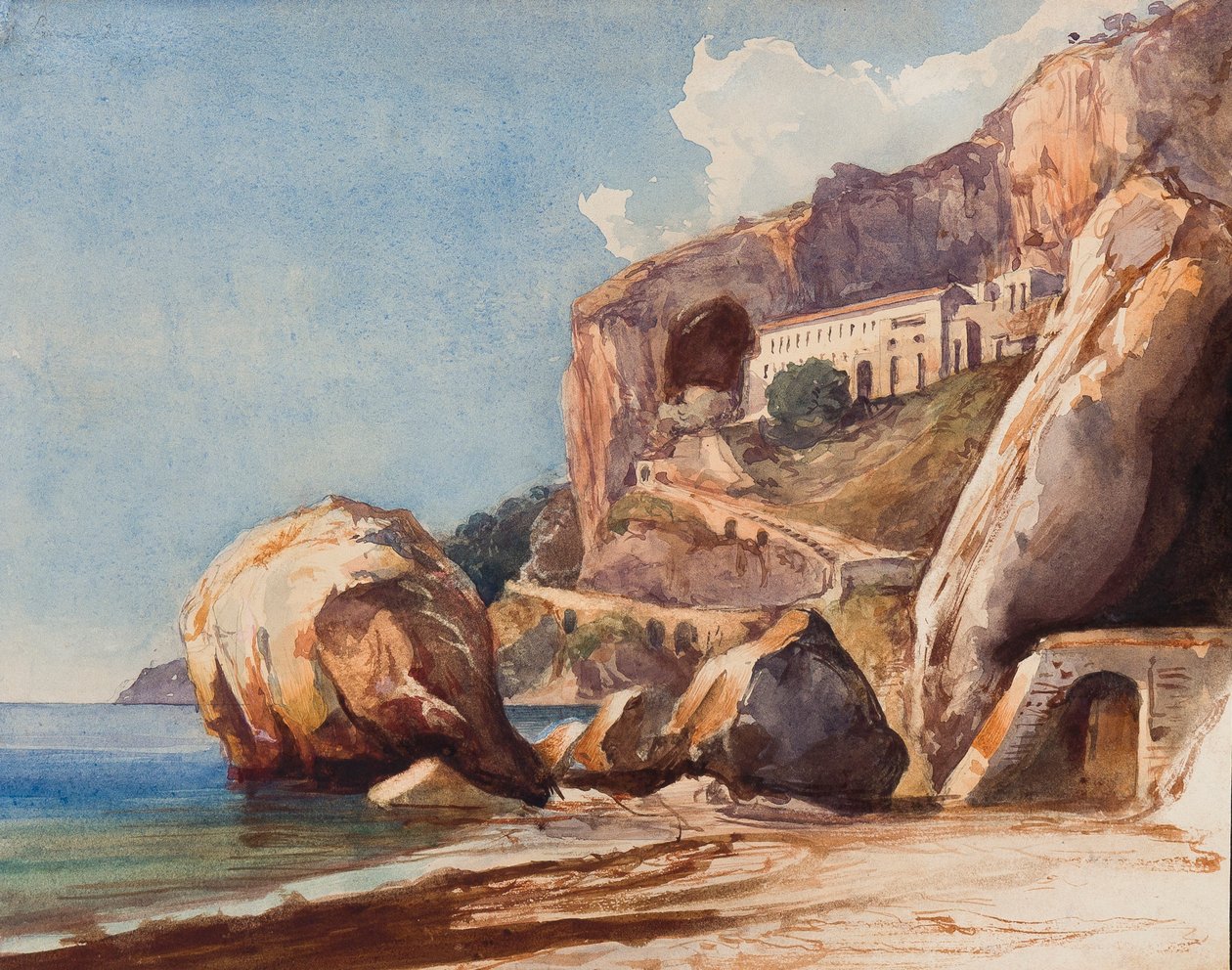 Kapucinerklosteret i Amalfi set fra stranden, med tilføjelser af en Borbone-elev (blyant og wc på papir) af Giacinto Gigante