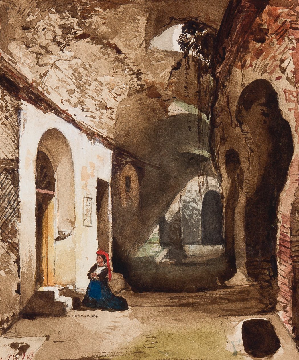 Kvinde, der beder ved hvælvet helligdom i amfiteatret i Pozzuoli, med tilføjelser af prinsesse Maria Annunziata di Borbone (1843-1871) (blyant, wc og gouache på papir) af Giacinto Gigante