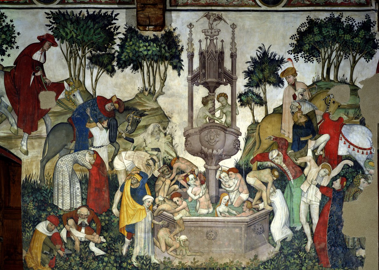 The Fountain of Life, detaljer om mennesker, der ankommer og bader i springvandet, 1418-30 af Giacomo Jaquerio