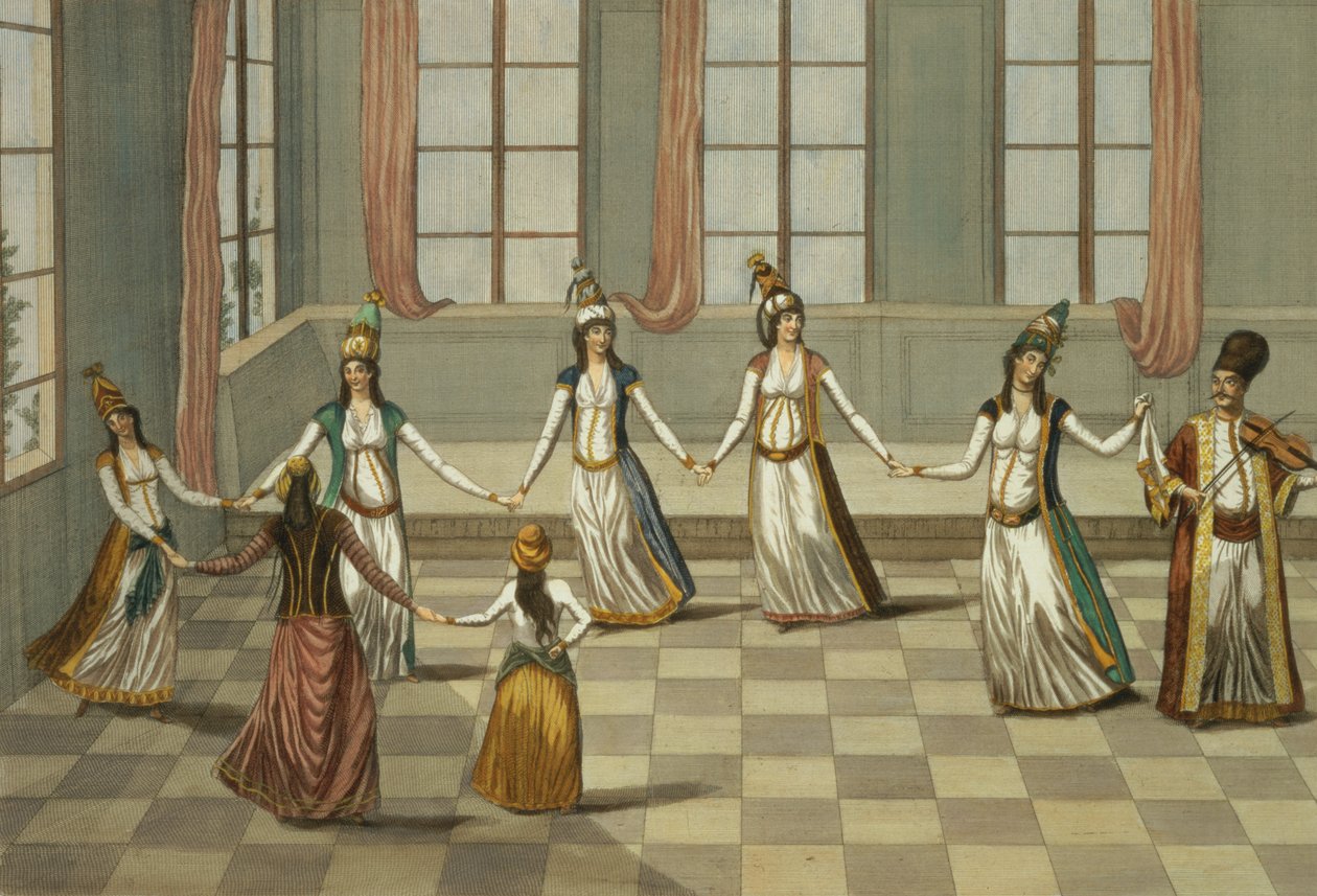 Dans, der er på mode med de græske kvinder i Konstantinopel, ledet af kvinden med et lommetørklæde, indgraveret af Ignazio Colombo, ca. 1816 af Giacomo Leonardis