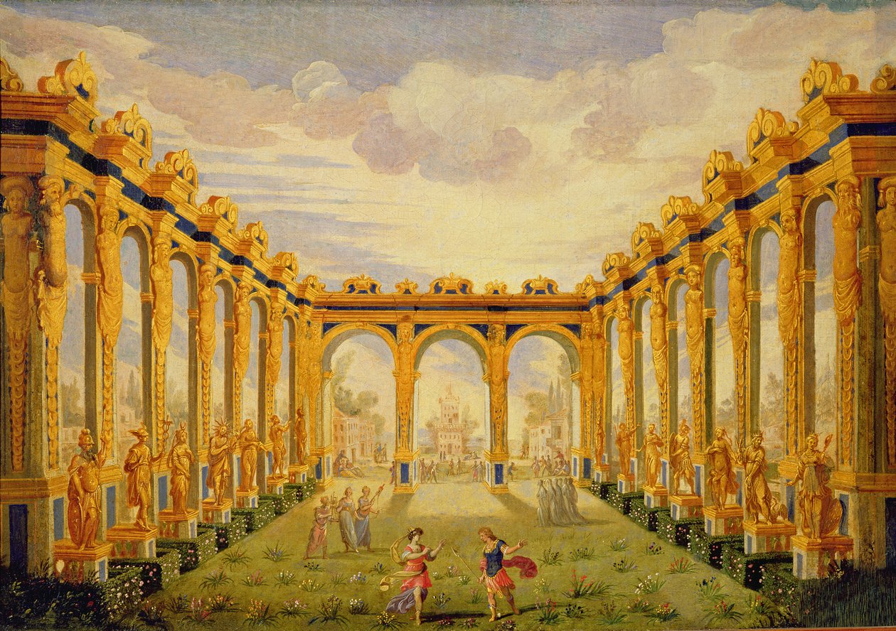 Akt III, scene V: Courtyard of the Elysian Fields af Giacomo Torelli
