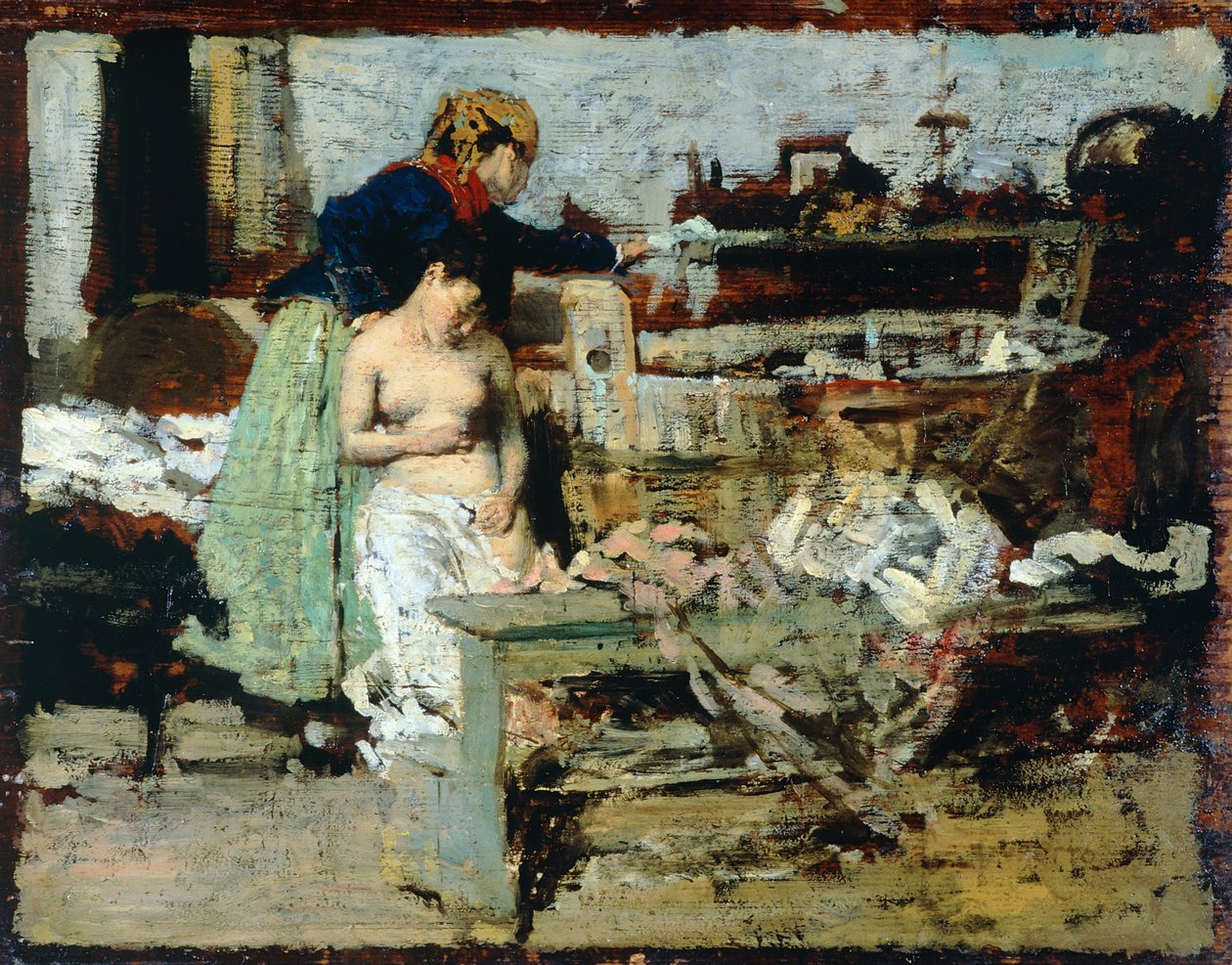 Efter badet (olie på træ) af Giacomo Favretto