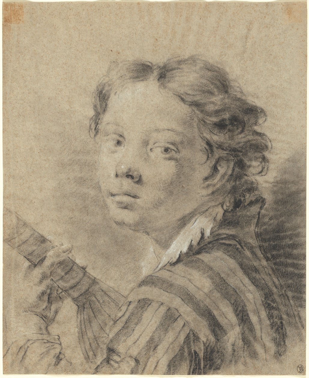 A Boy with a Lute, ca. 1740 (sort og hvidt kridt og kul på blåt papir) af Giambattista Piazzetta