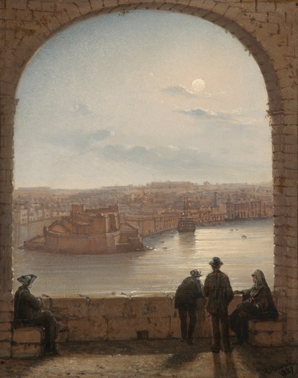 En månebelyst udsigt over Fort St Angelo, Valletta, 1887 af Giancinto Gianni