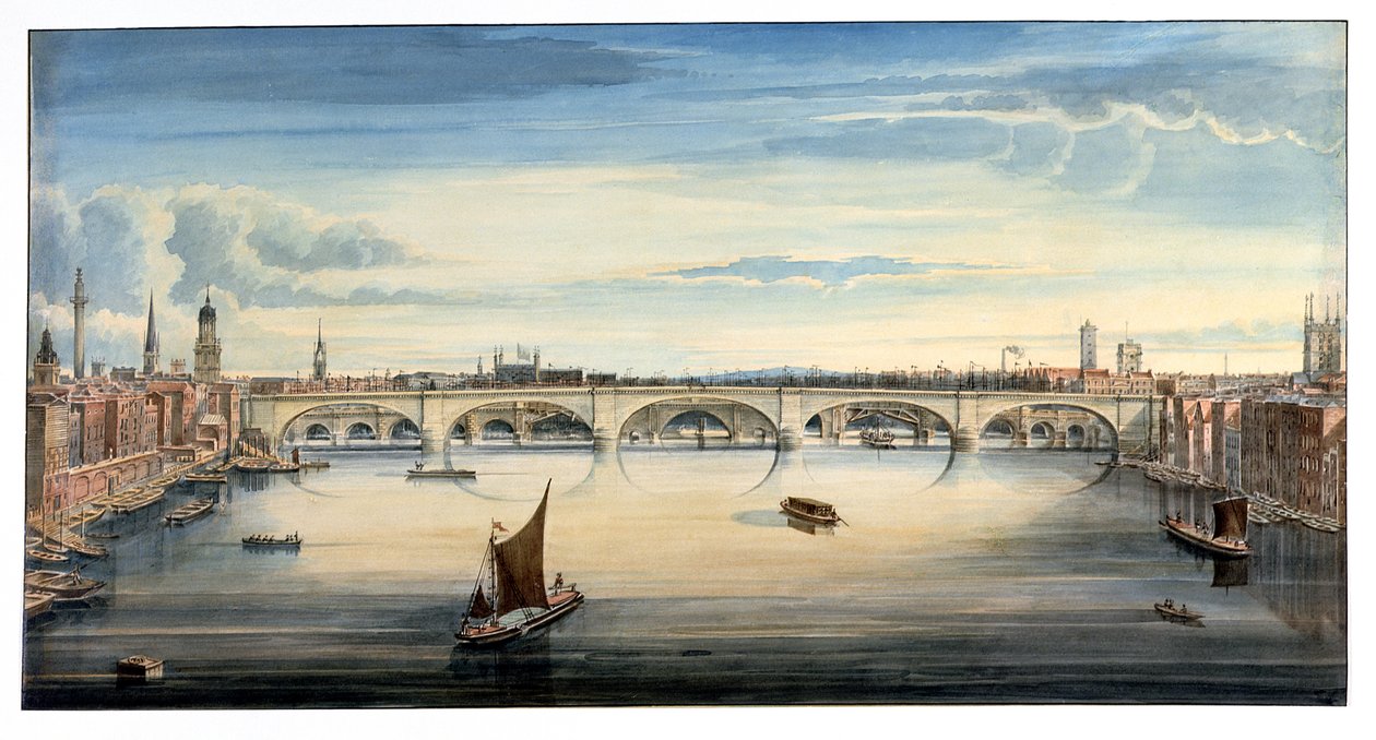 Vestafbildning af New London Bridge og Old London Bridge, 1830 af Gideon Yates