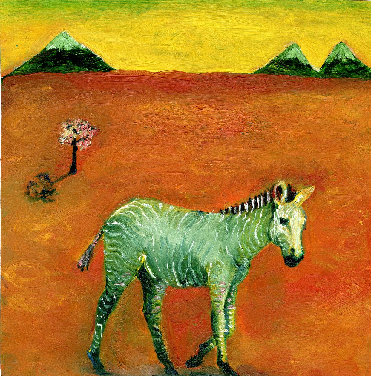 Green Zebra and Cherry Tree, 2005, (olie på papir) af Gigi Sudbury