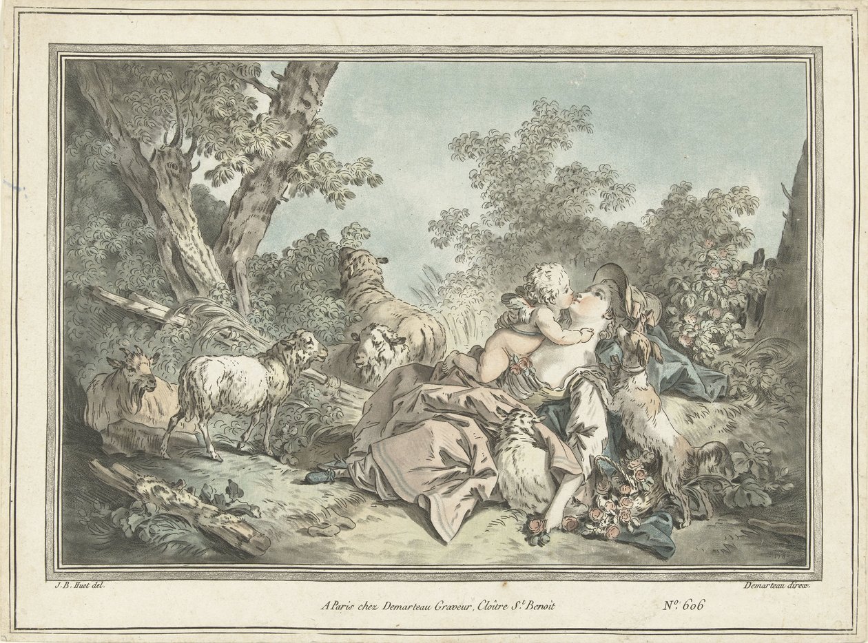 Hyrdinde omfavnet af Amor af Gilles Antoine Demarteau