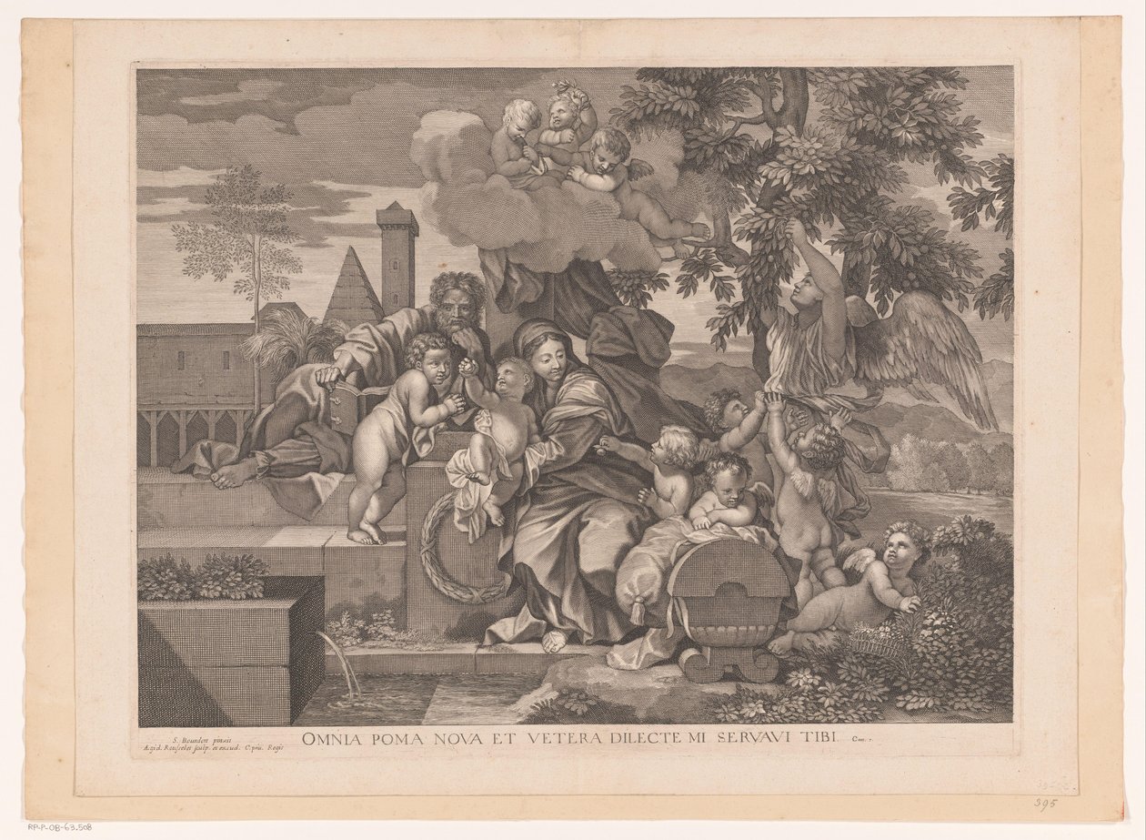 Hellig familie med putti ved æbletræ af Gilles Rousselet
