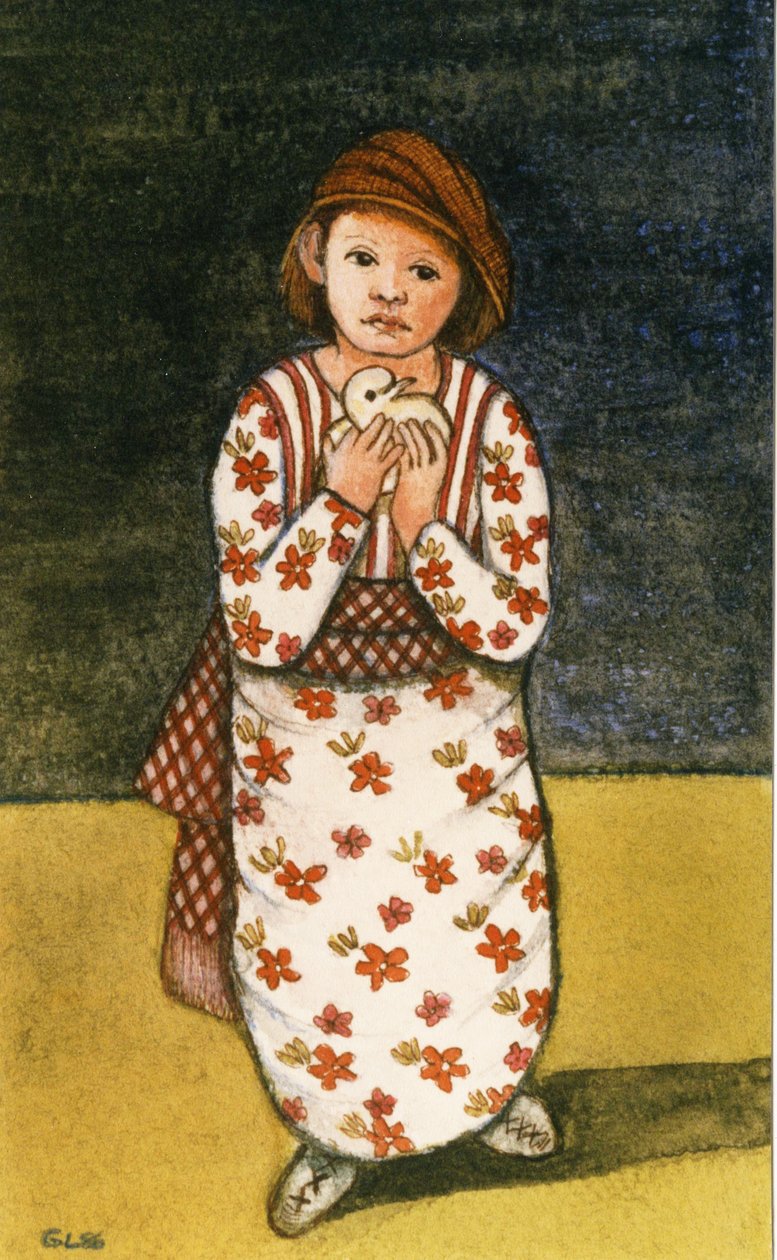 Girl with Dove, 1986 (akvarel på papir) af Gillian Lawson