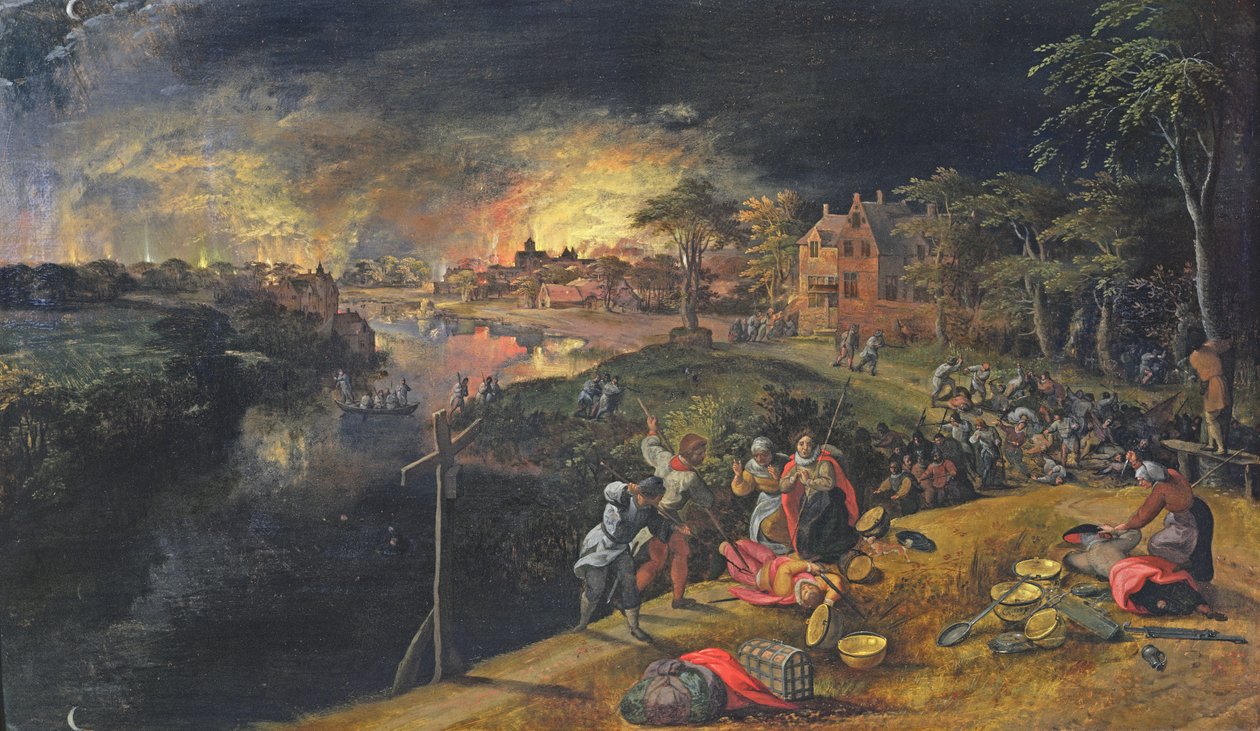 Scene af en krig med en ild, 1569 af Gillis Mostaert
