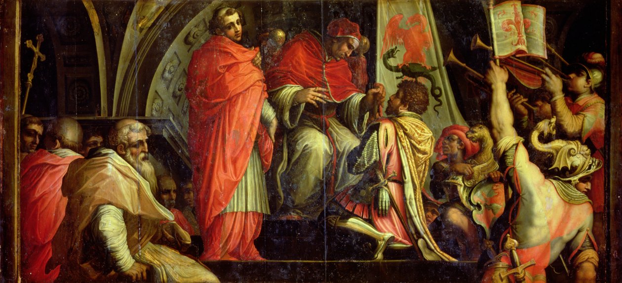Clemens IV (1265-68) overrækker våben til lederne af det walisiske parti fra loftet i Salone dei Cinquecento, 1565 (panel) af Giorgio Vasari