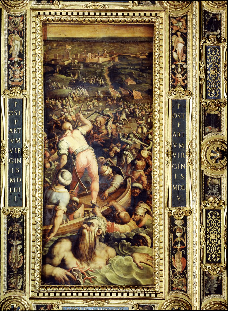 Tyrkernes nederlag ved Piombino fra loftet på Salone dei Cinquecento, 1565 (panel) af Giorgio Vasari