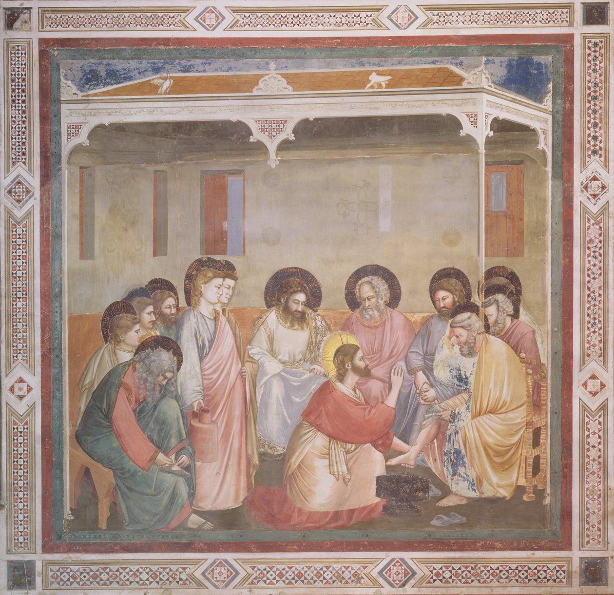 Kristus vasker disciplenes fødder, ca. 1305 (før-restaurering) (se også 192698) af Giotto di Bondone