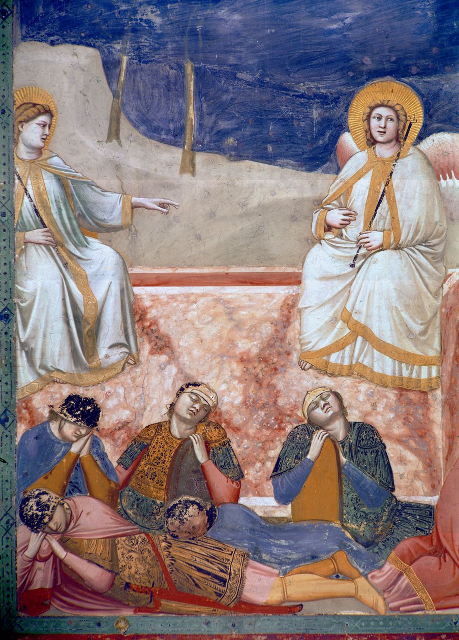 Noli Me Tangere, eller Kristi tilsynekomst til Maria Magdalene, detalje af graven, engle og sovende soldater, 1303-05 (se også 155974) af Giotto di Bondone