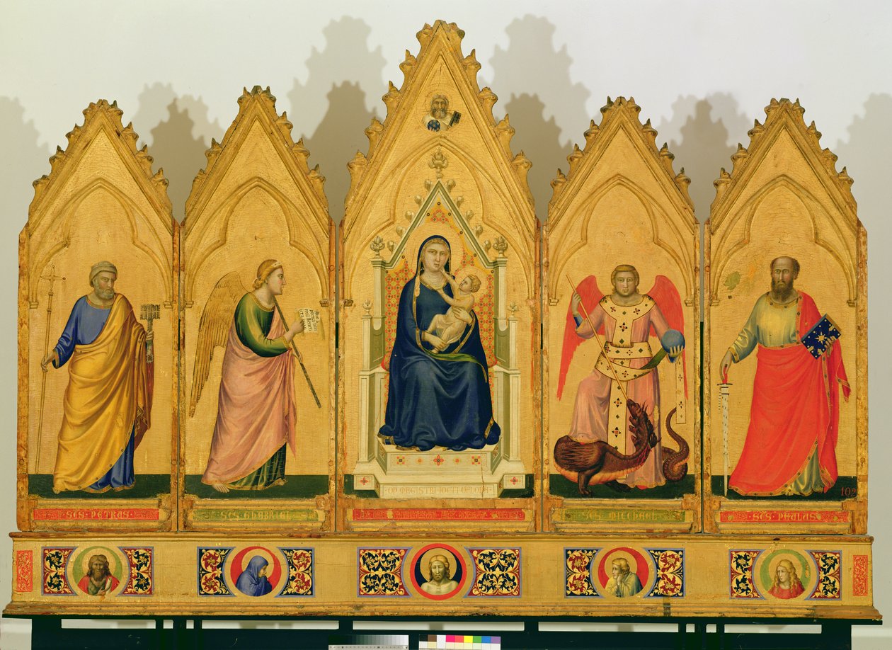 Polyptychon af Jomfruen og barnet flankeret af helgener, 1333-34 (tempera på panel) af Giotto di Bondone