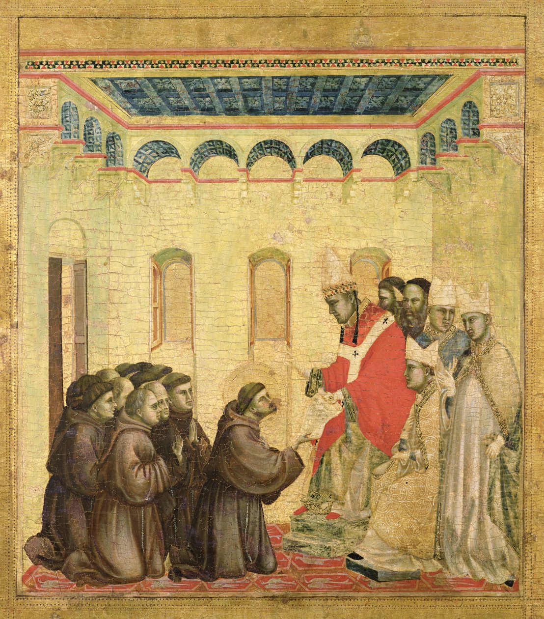 Pave Innocentius III (1160-1216) Godkender reglen, fra predellapanelet fra St. Francis Modtager Stigmata, ca. 1295-1300 (tempera på panelet) af Giotto di Bondone