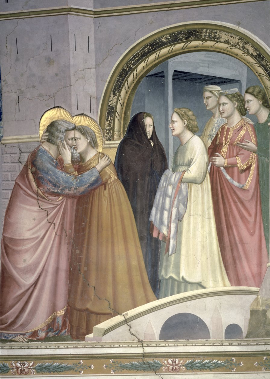 Mødet ved den gyldne port, detalje af Joachim og St. Anne, der omfavner, ca. 1305 freskodetalje af 65216 af Giotto di Bondone