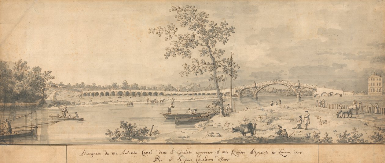 Gamle Walton Bridge set fra Middlesex Shore af Giovanni Antonio Canal