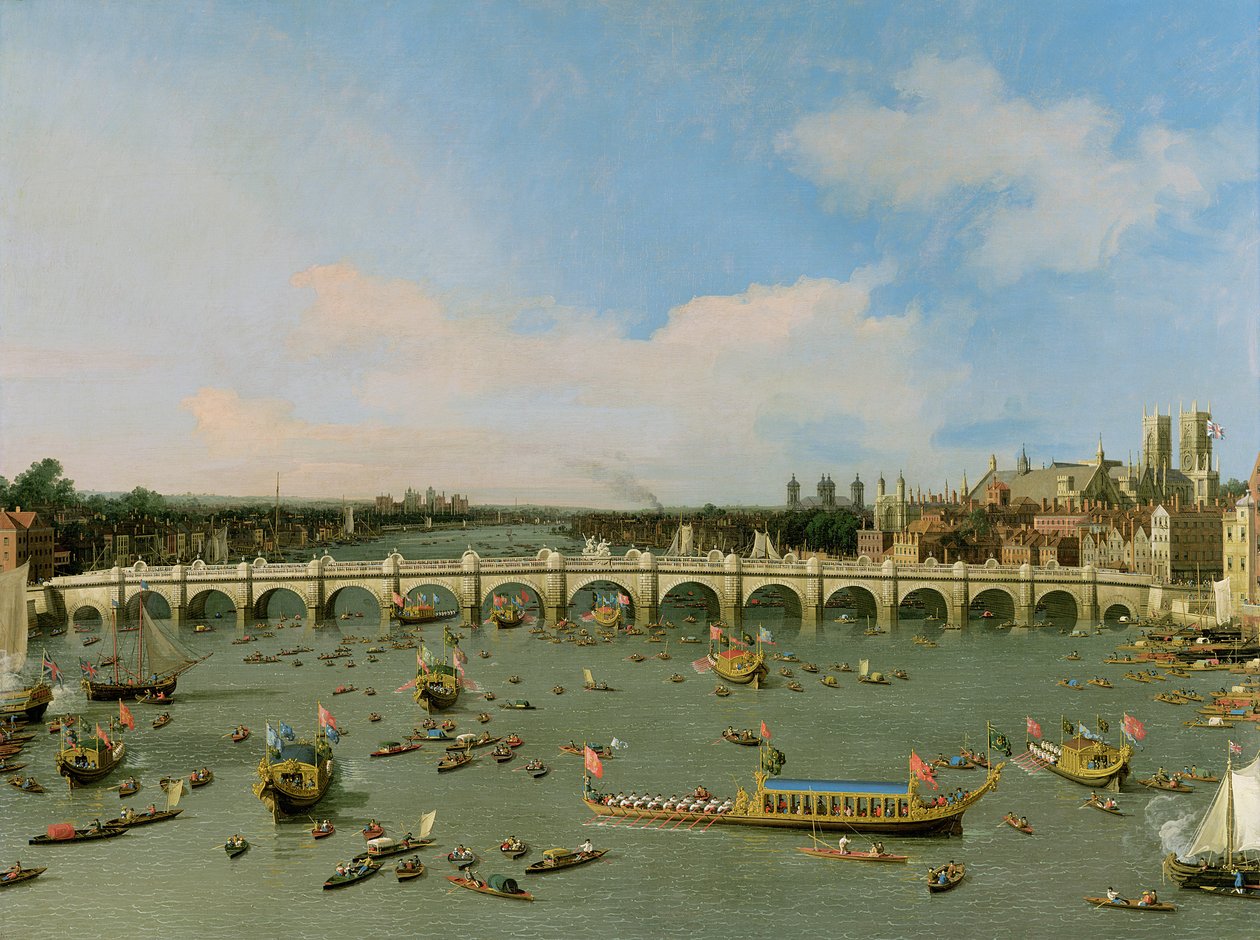 Westminster Bridge, London, med overborgmesterens procession på Themsen af Giovanni Antonio Canal