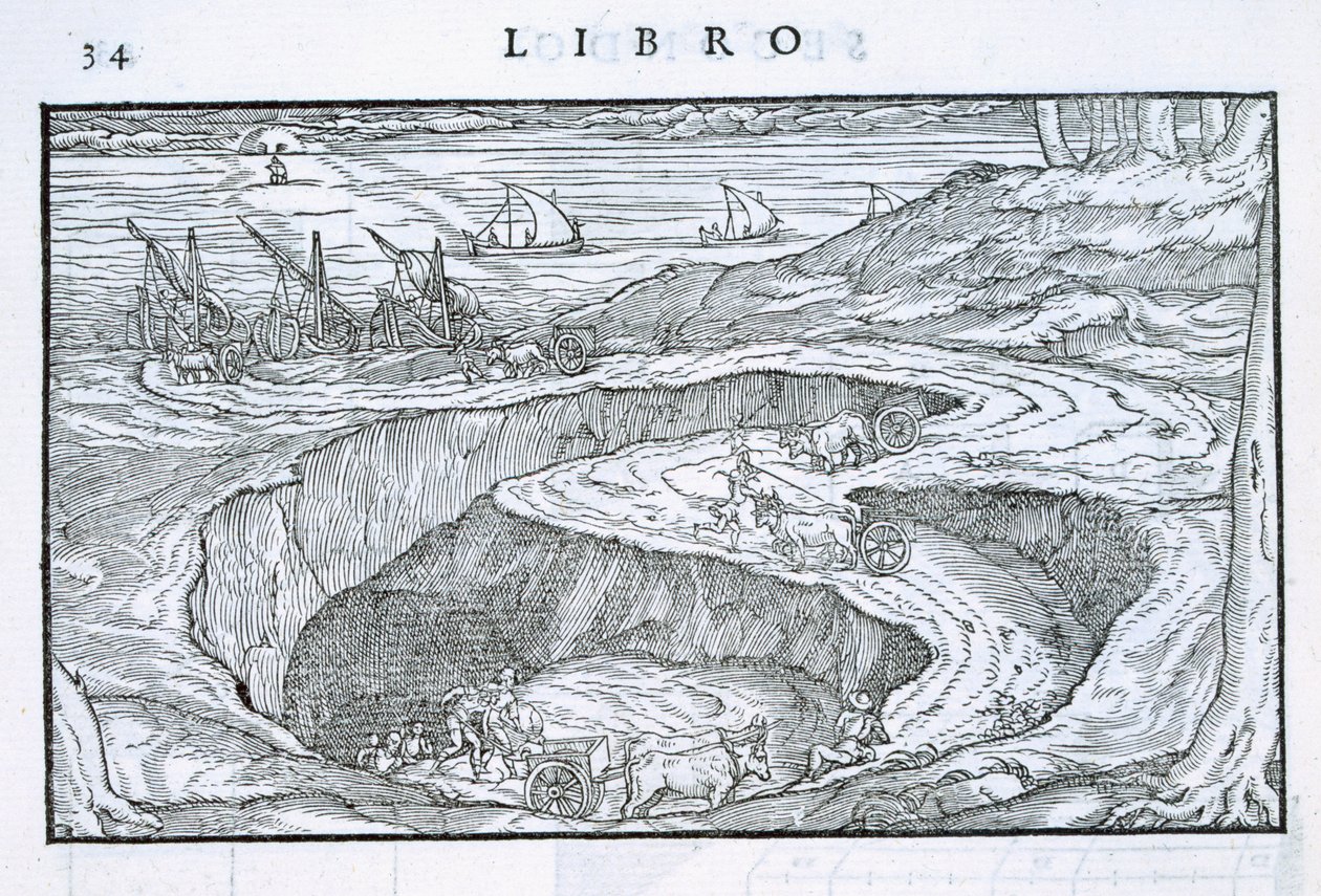 Flytning af byggematerialer fra stenbruddet til skibe, fra "Della Architettura", udgivet i 1590 af Giovanni Antonio Rusconi