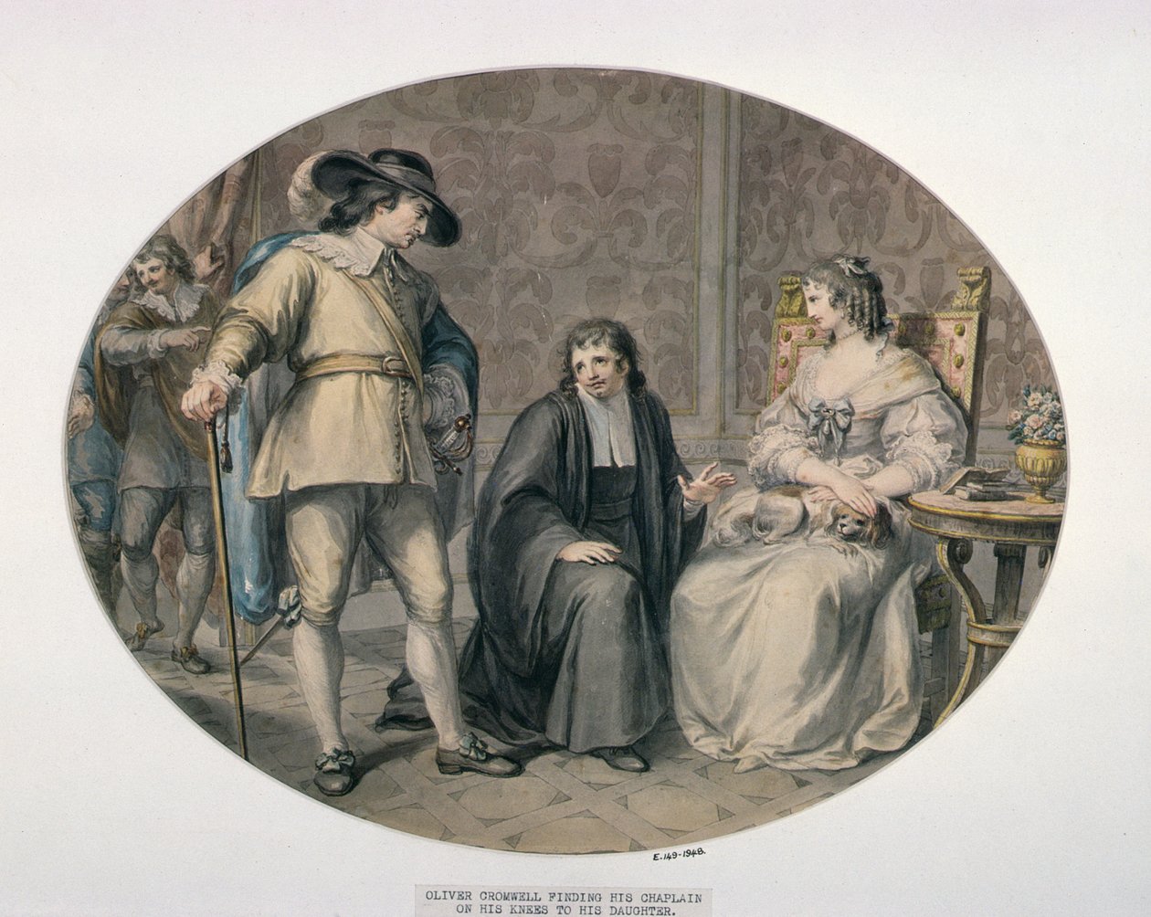 Oliver Cromwell opdager sin præst, Jeremiah White, på knæ før sin yngste datter, Frances af Giovanni Battista Cipriani