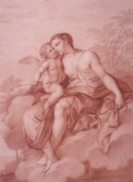 Venus tilbagelænet på en sky, omfavnende Amor, 1700-tallet af Giovanni Battista Cipriani