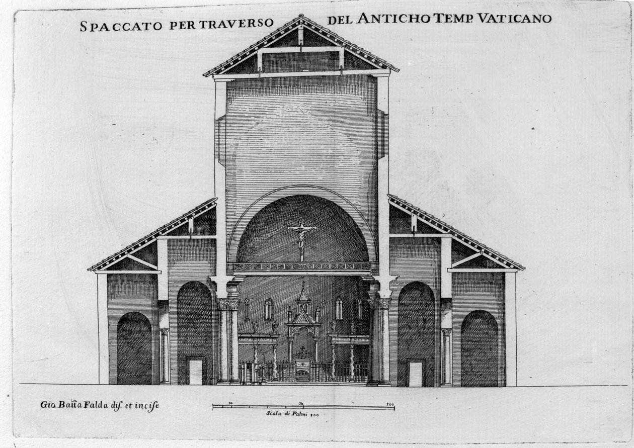 Et tværsnit af den gamle Vatikankirke Peterskirken af Giovanni Battista Falda