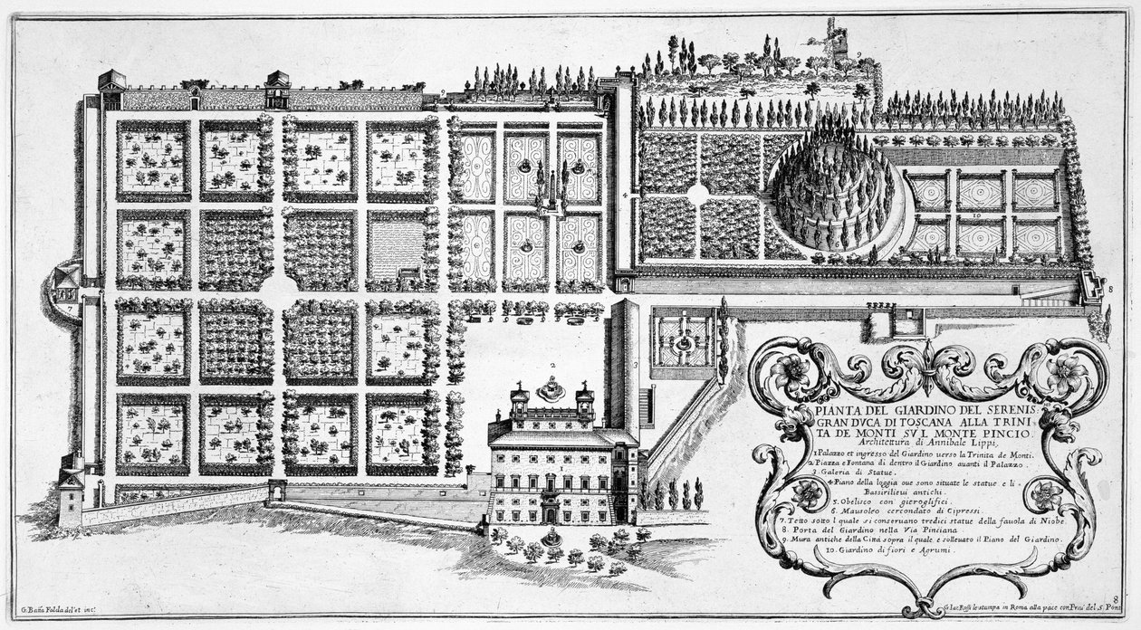 Storhertugen af Toscanas have på Trinita de Monte på Pincio, Rom, fra "Il Nuovo Teatro della Fabriche et Edifici in Prospettiva di Roma Moderna", udgivet ca. 1665-69 (se en af Giovanni Battista Falda