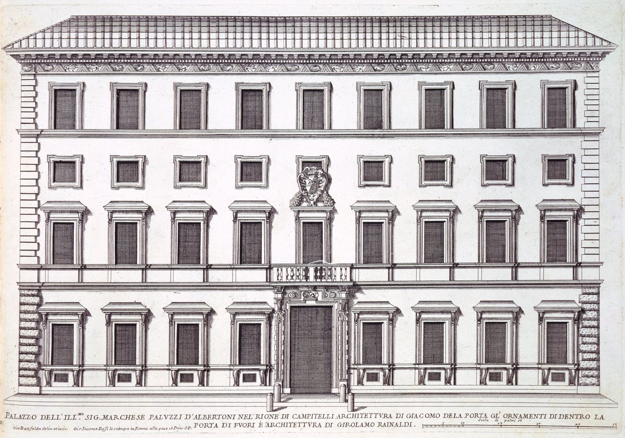 Udsigt over facaden på Palazzo Marchese, Rom, designet af Giacomo della Porta (1538-1602) og Girolamo Rainaldi (1570-1655) af Giovanni Battista Falda