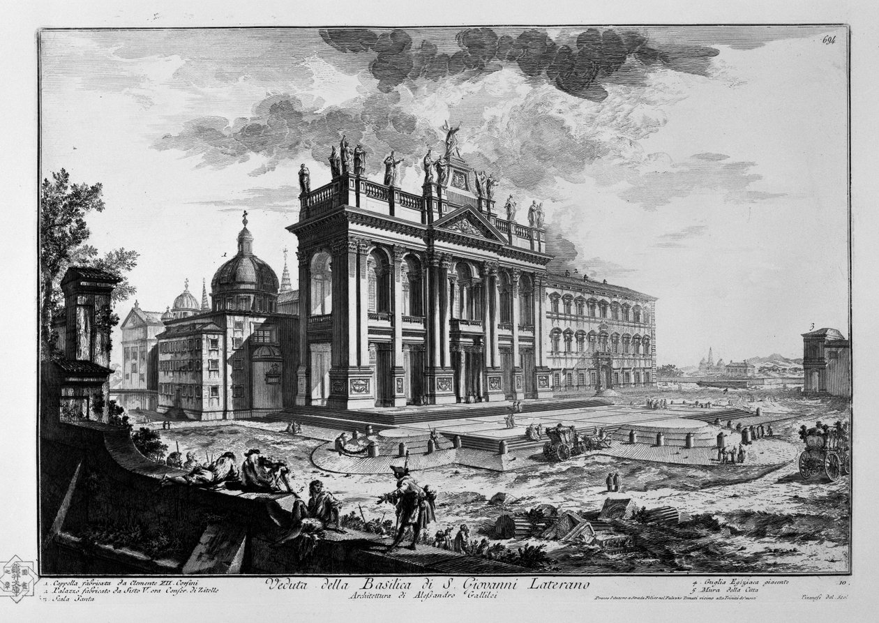 Udsigt over Lateranbasilikaen; arkitektur af Alessandro Gallilei. Kapel bygget af Clemens XII. Corsini. 2. Palads bygget af Sixtus V., nu Conser. di Zitelle. 3. Hellige trapper. 4. Liggende egyptisk spire. Byens mure af Giovanni Battista Piranesi