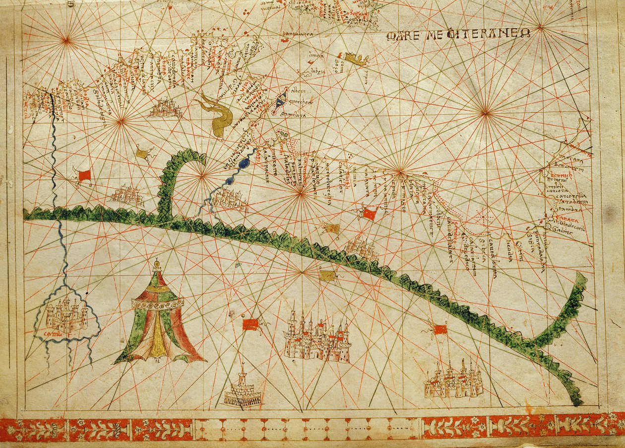 Nordafrika, fra et nautisk atlas, 1520 (blæk på vellum) (detalje fra 330916) af Giovanni Xenodocus da Corfu