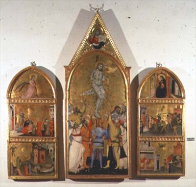 The Martyrium of St. Sebastian altertavle, midterpanel, der viser martyrium, og sidepaneler, der viser andre scener fra helgenens liv (tempera på panel) af Giovanni di Niccolo del Biondo
