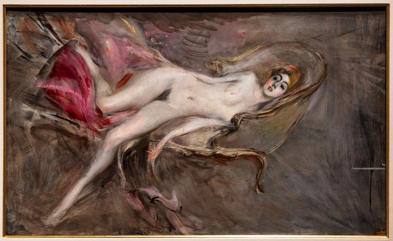 Nøgen kvinde på lyserøde puder af Giovanni Boldini