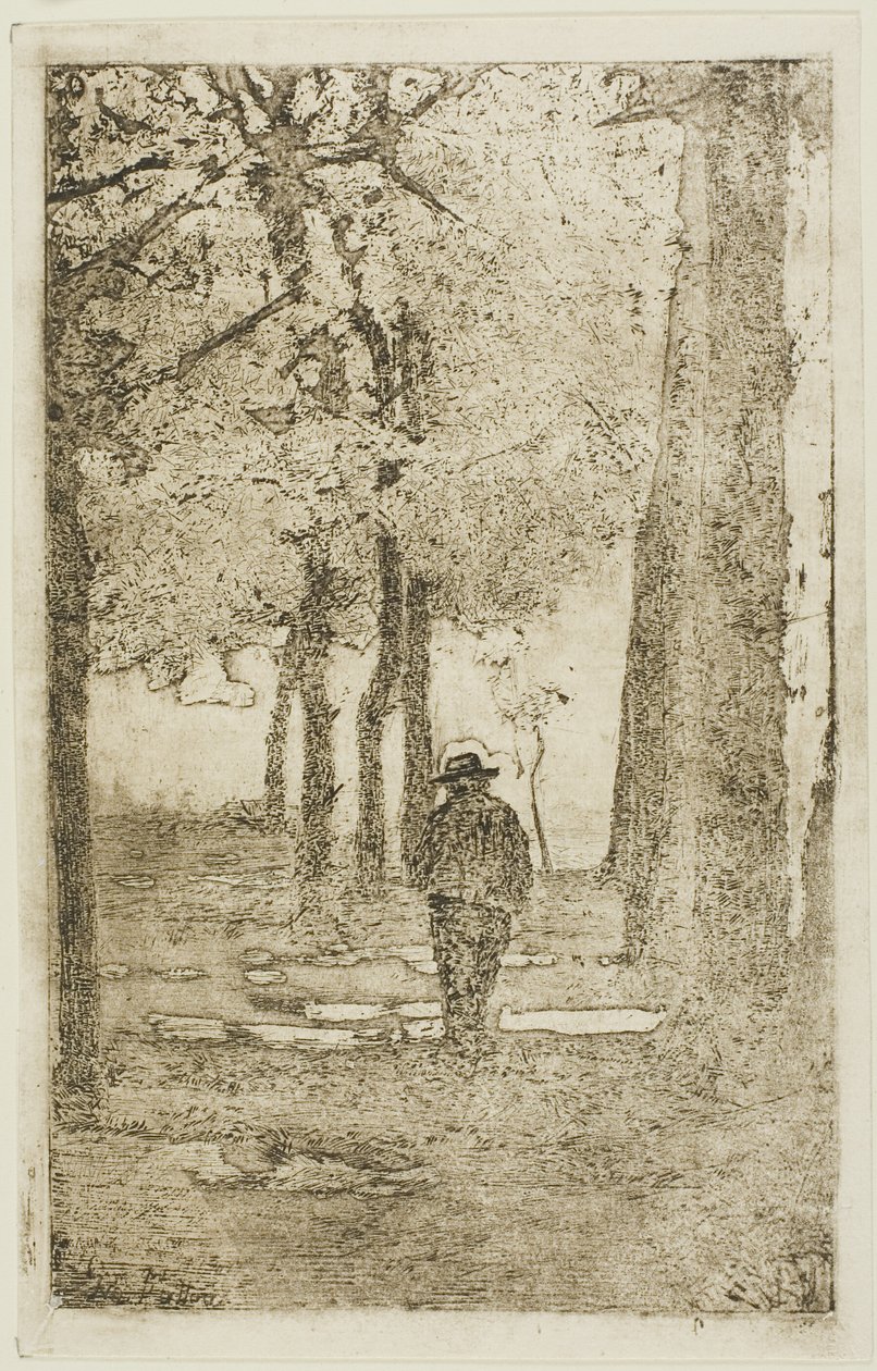 Træbevokset gåtur med figur af Giovanni Fattori