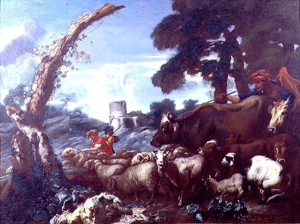 Gårdmænd med kvæg og får af Giovanni Francesco Castiglione