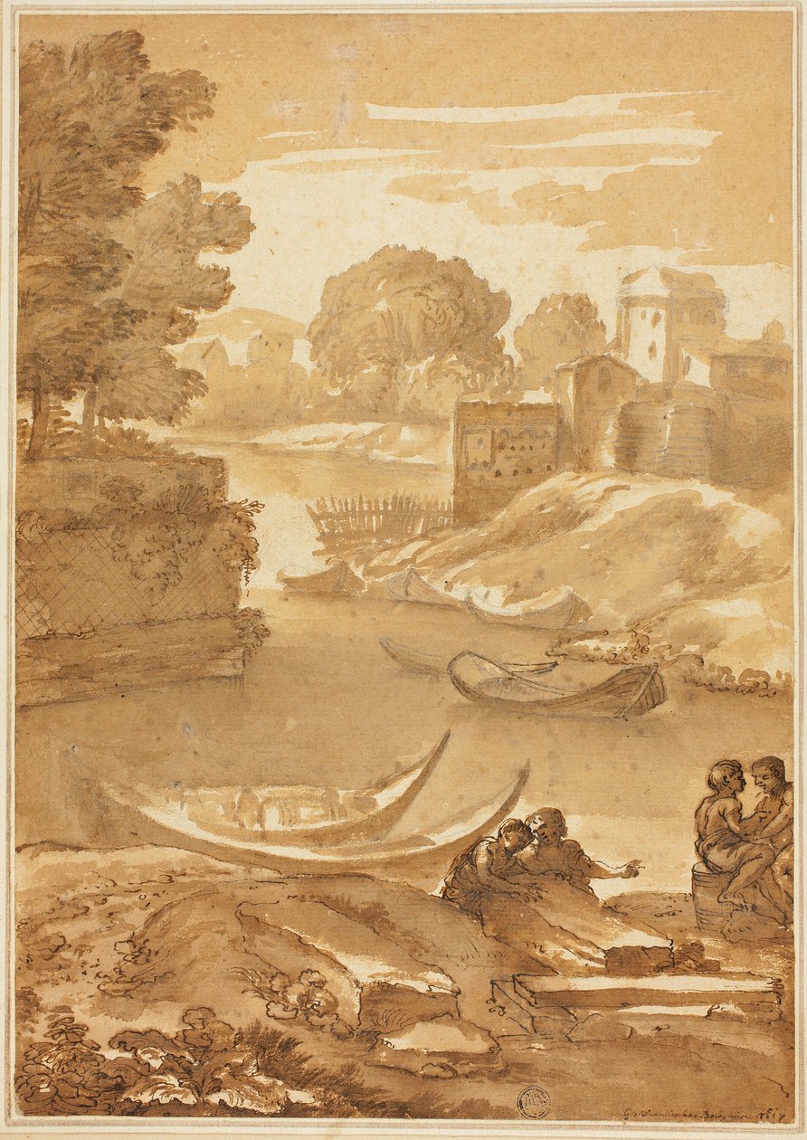 Figurer siddende ved en flod af Giovanni Francesco Grimaldi