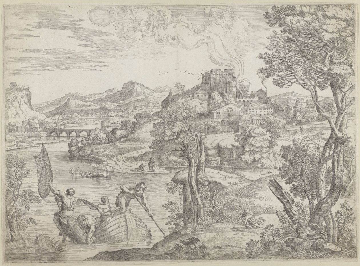 Landskab med lutspiller af Giovanni Francesco Grimaldi