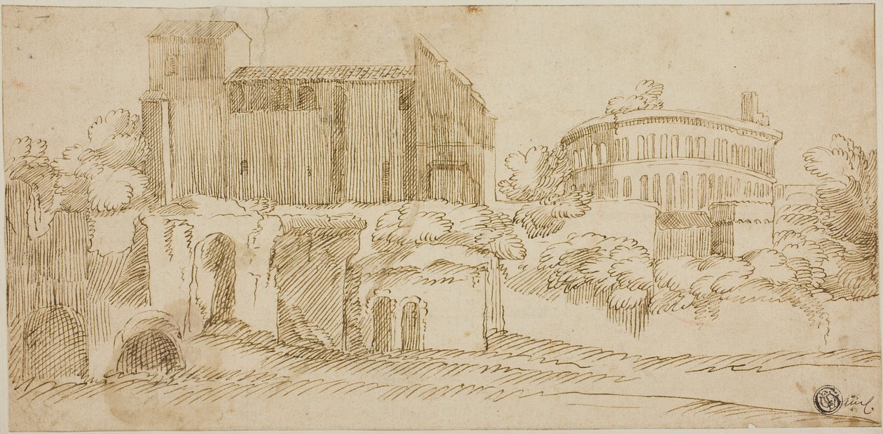 Udsigt over kirke og ruiner af Giovanni Francesco Grimaldi
